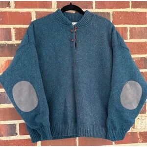 Cabelas Wind Stopper Sweater Womens Large Wool Elbow Patch Teal Blue Gore-Tex